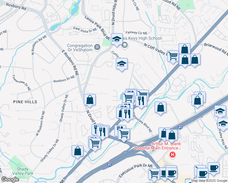 map of restaurants, bars, coffee shops, grocery stores, and more near 1371 Keys Lake Drive Northeast in Atlanta