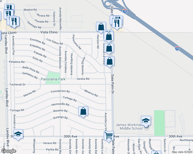 map of restaurants, bars, coffee shops, grocery stores, and more near 68830 Jarana Road in Cathedral City