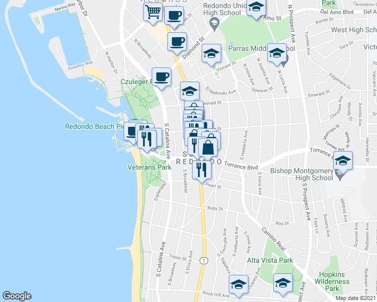 map of restaurants, bars, coffee shops, grocery stores, and more near 215 Torrance Boulevard in Redondo Beach
