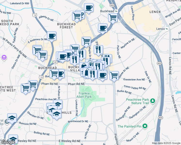 map of restaurants, bars, coffee shops, grocery stores, and more near 490 East Paces Ferry Road Northeast in Atlanta