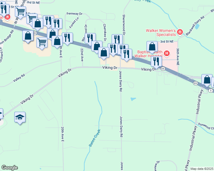 map of restaurants, bars, coffee shops, grocery stores, and more near 1454 Jones Dairy Road in Jasper
