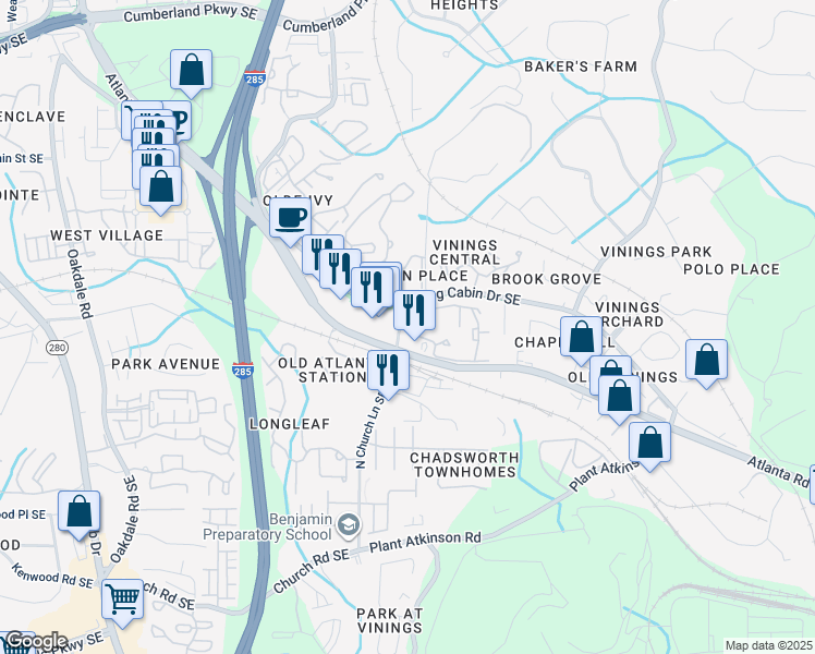 map of restaurants, bars, coffee shops, grocery stores, and more near 4705 North Church Lane Southeast in Smyrna