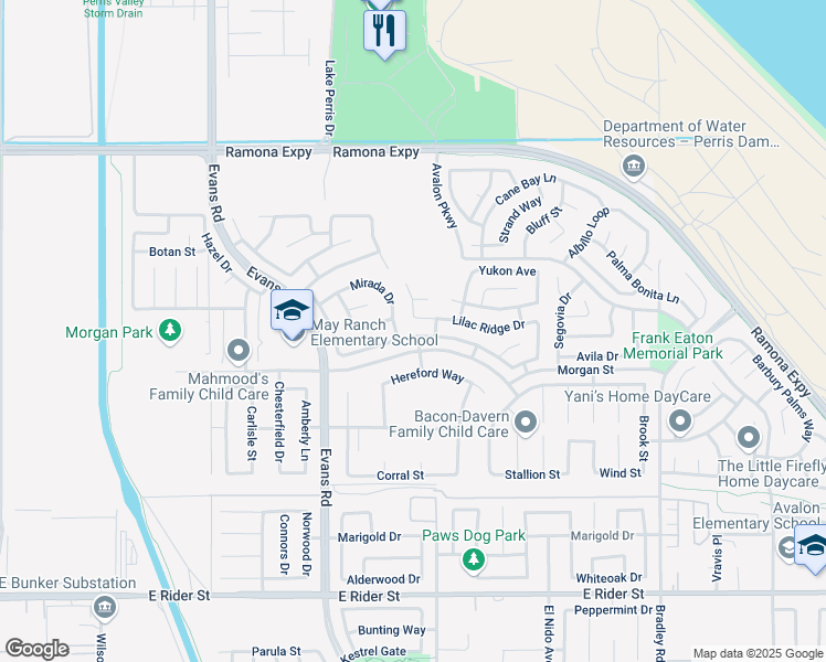 map of restaurants, bars, coffee shops, grocery stores, and more near 1150 Autumnwood Lane in Perris