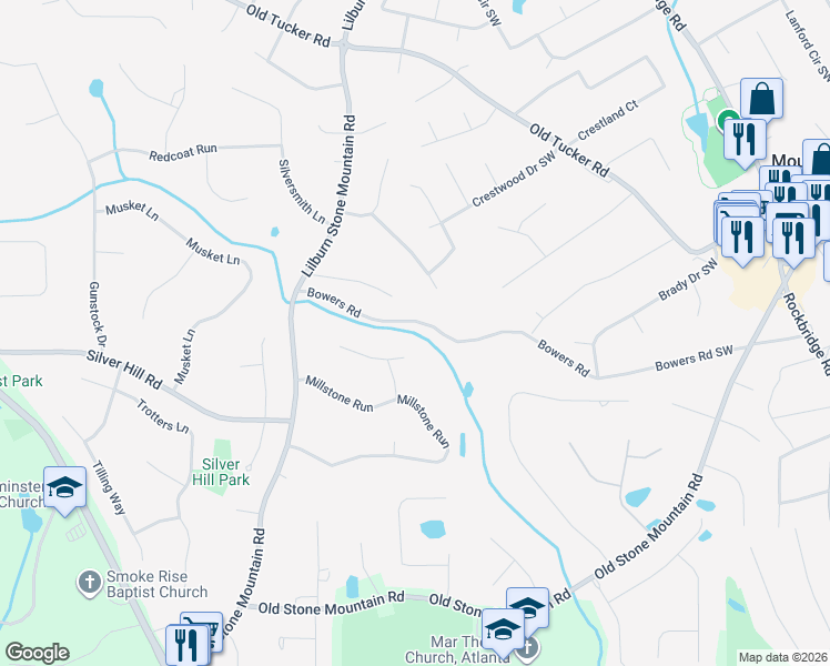 map of restaurants, bars, coffee shops, grocery stores, and more near 5965 Bowers Road in Stone Mountain
