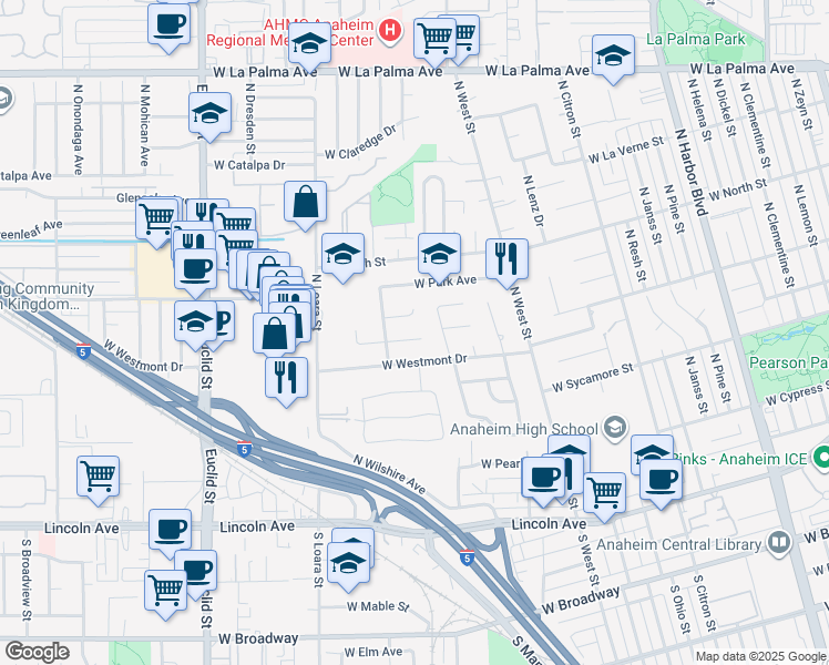 map of restaurants, bars, coffee shops, grocery stores, and more near 1417 West James Way in Anaheim