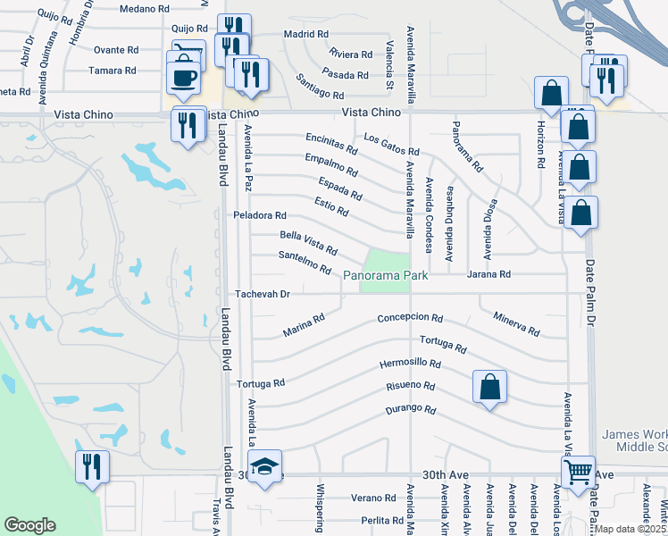 map of restaurants, bars, coffee shops, grocery stores, and more near 68260 Santelmo Road in Cathedral City