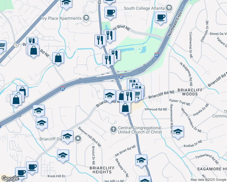 map of restaurants, bars, coffee shops, grocery stores, and more near 3044 Briarcliff Road Northeast in Atlanta