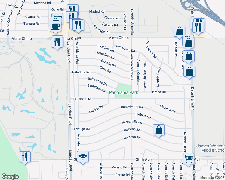 map of restaurants, bars, coffee shops, grocery stores, and more near 68315 Bella Vista Road in Cathedral City
