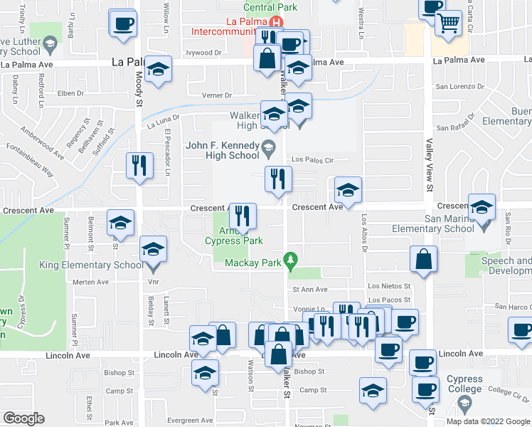 map of restaurants, bars, coffee shops, grocery stores, and more near 5414 Crescent Avenue in Cypress