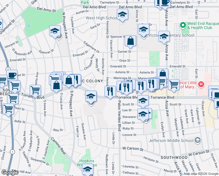 map of restaurants, bars, coffee shops, grocery stores, and more near 5326 Lorna Street in Torrance