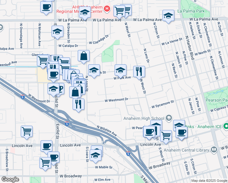 map of restaurants, bars, coffee shops, grocery stores, and more near 1417 West James Way in Anaheim