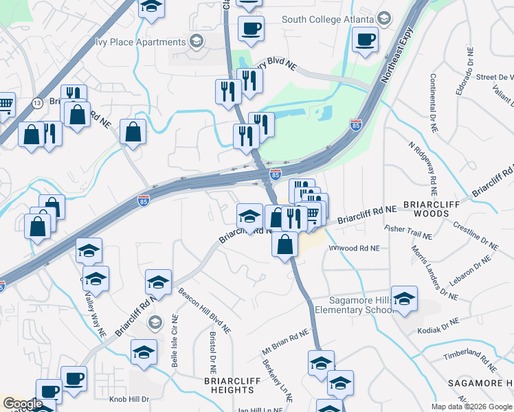 map of restaurants, bars, coffee shops, grocery stores, and more near 3044 Briarcliff Road Northeast in Atlanta
