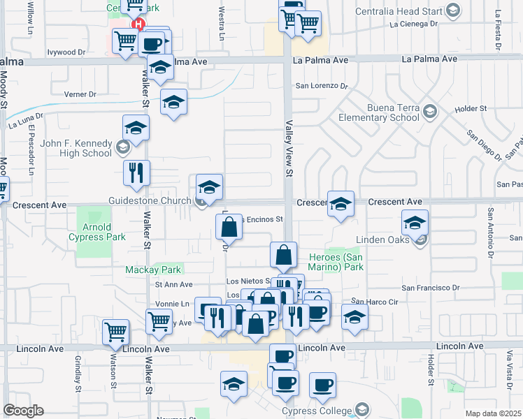 map of restaurants, bars, coffee shops, grocery stores, and more near 5900 Crescent Avenue in Buena Park