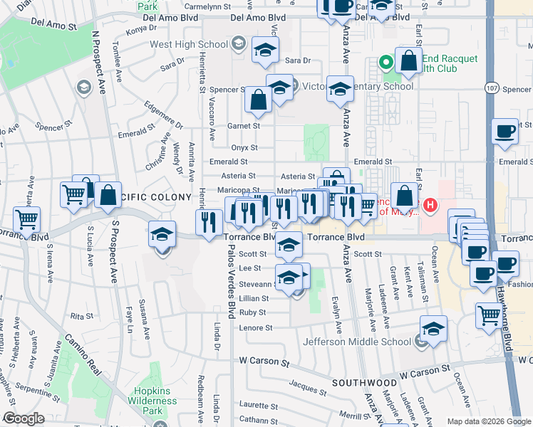 map of restaurants, bars, coffee shops, grocery stores, and more near 21025 Victor Street in Torrance
