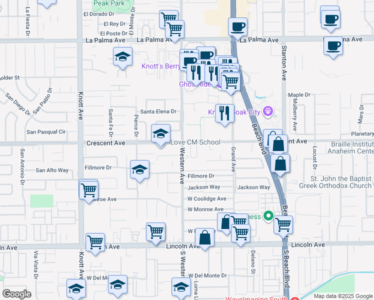 map of restaurants, bars, coffee shops, grocery stores, and more near 8520 Western Avenue in Buena Park
