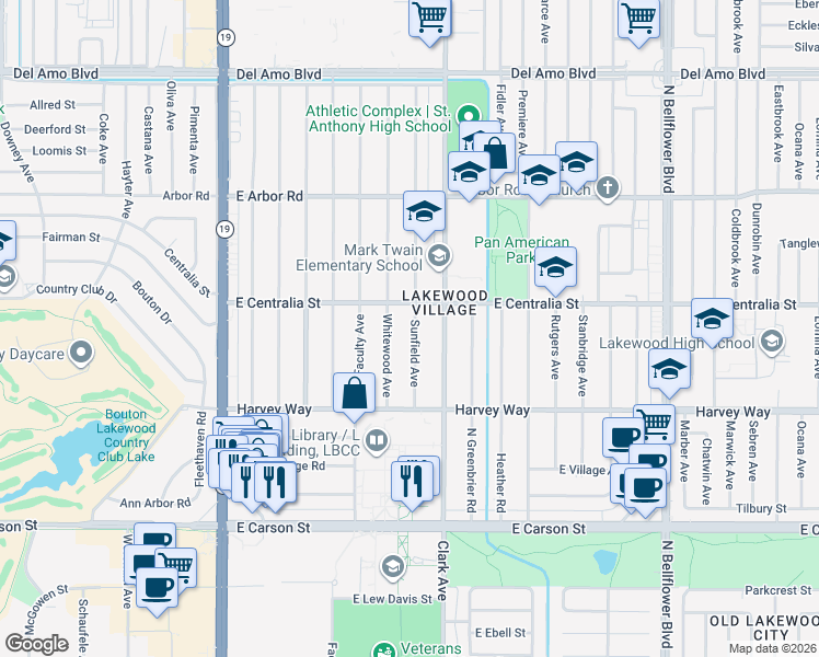 map of restaurants, bars, coffee shops, grocery stores, and more near 4433 Sunfield Avenue in Long Beach