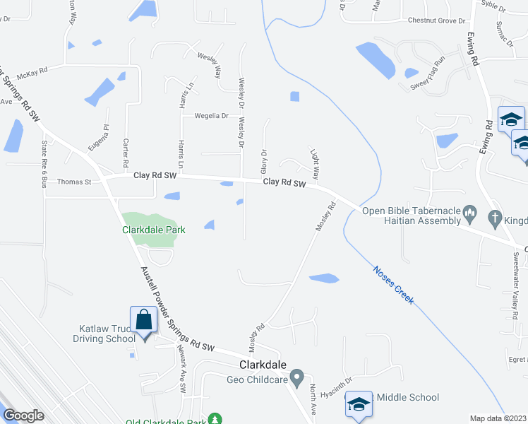 map of restaurants, bars, coffee shops, grocery stores, and more near 3289 Clay Road Southwest in Austell