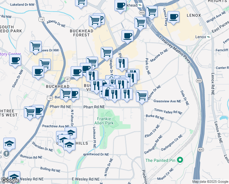 map of restaurants, bars, coffee shops, grocery stores, and more near 490 East Paces Ferry Road Northeast in Atlanta