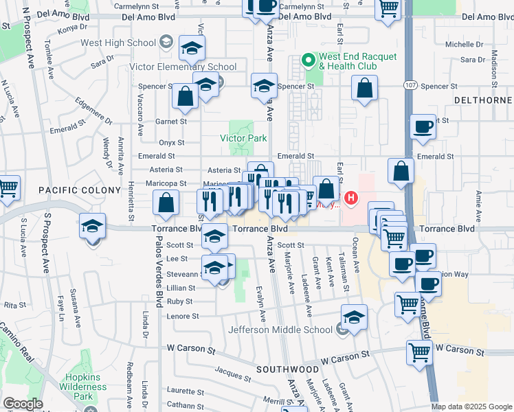 map of restaurants, bars, coffee shops, grocery stores, and more near 4705 Torrance Boulevard in Torrance