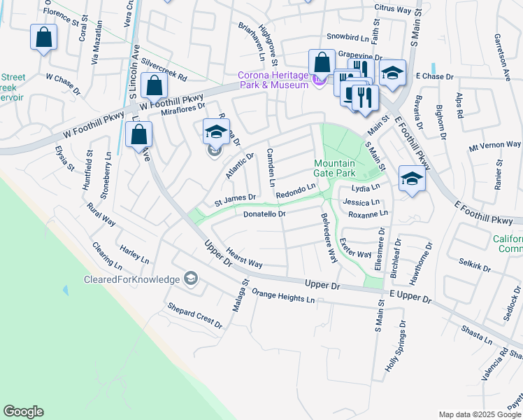 map of restaurants, bars, coffee shops, grocery stores, and more near 712 Donatello Drive in Corona