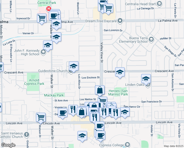 map of restaurants, bars, coffee shops, grocery stores, and more near 5900 Crescent Avenue in Buena Park
