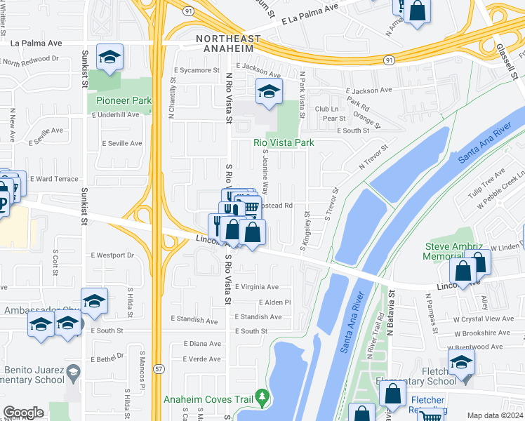 map of restaurants, bars, coffee shops, grocery stores, and more near 2844 East Hempstead Road in Anaheim