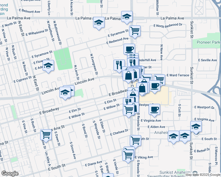 map of restaurants, bars, coffee shops, grocery stores, and more near 242 South Date Street East in Anaheim