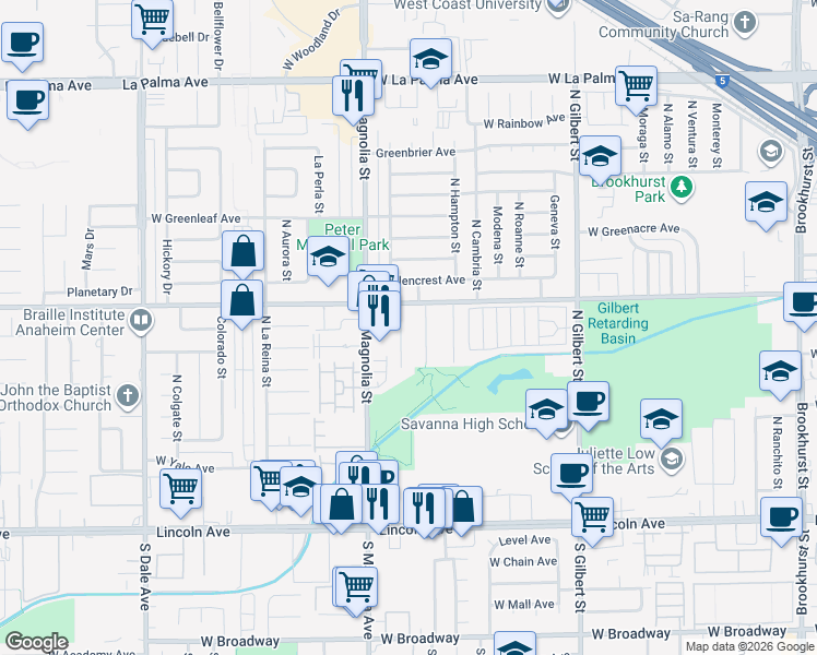 map of restaurants, bars, coffee shops, grocery stores, and more near 527 Hanover Street in Anaheim