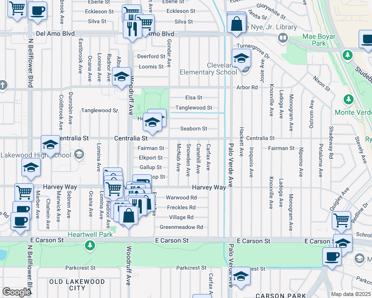 map of restaurants, bars, coffee shops, grocery stores, and more near 4439 Snowden Avenue in Lakewood