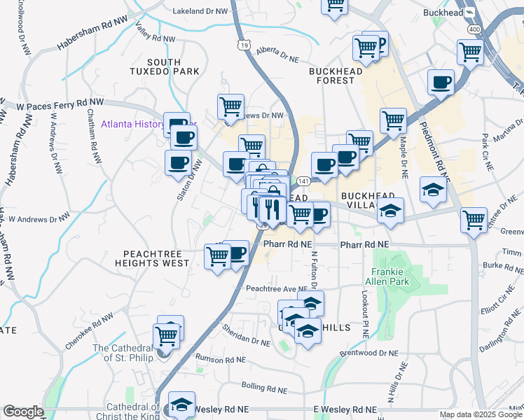 map of restaurants, bars, coffee shops, grocery stores, and more near 3050 Peachtree Road in Atlanta