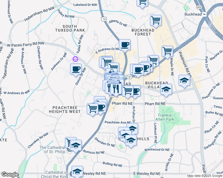 map of restaurants, bars, coffee shops, grocery stores, and more near 3050 Peachtree Road in Atlanta