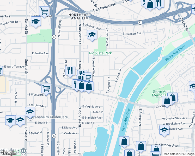 map of restaurants, bars, coffee shops, grocery stores, and more near 184 South Alice Way in Anaheim