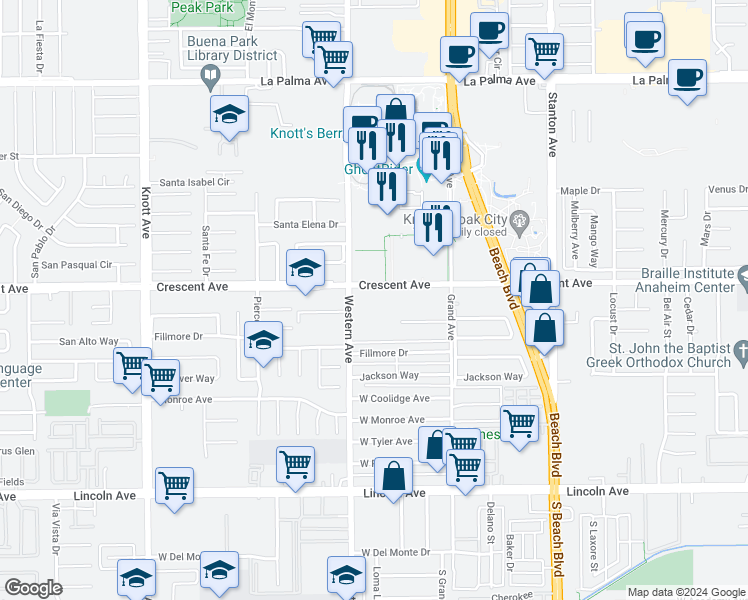map of restaurants, bars, coffee shops, grocery stores, and more near 7500 Crescent Avenue in Buena Park