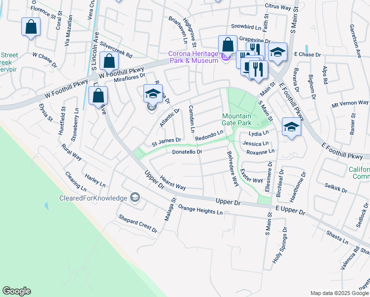 map of restaurants, bars, coffee shops, grocery stores, and more near 712 Donatello Drive in Corona