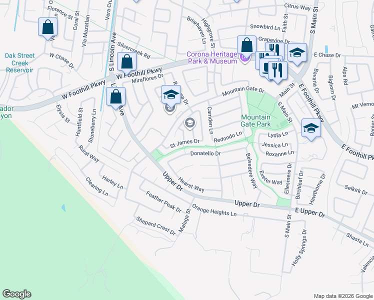 map of restaurants, bars, coffee shops, grocery stores, and more near 795 Donatello Drive in Corona
