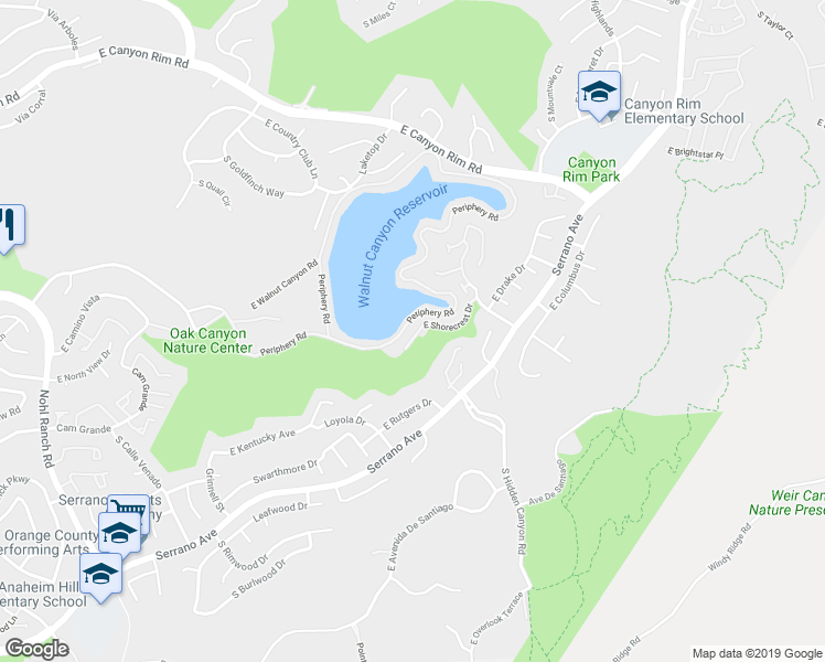 map of restaurants, bars, coffee shops, grocery stores, and more near 6970 East Shorecrest Drive in Anaheim