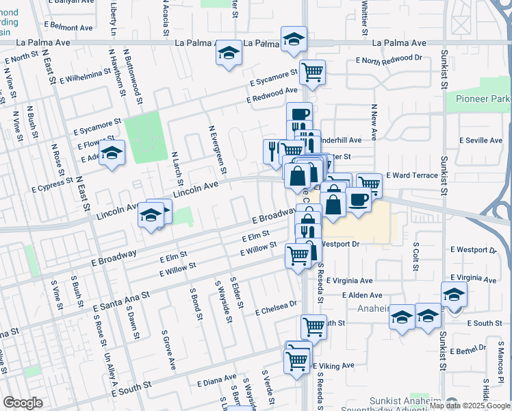 map of restaurants, bars, coffee shops, grocery stores, and more near 242 South Date Street East in Anaheim
