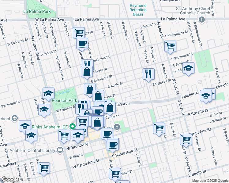 map of restaurants, bars, coffee shops, grocery stores, and more near 303 North Philadelphia Street in Anaheim