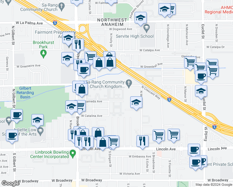 map of restaurants, bars, coffee shops, grocery stores, and more near 2057 West Hartford Place in Anaheim