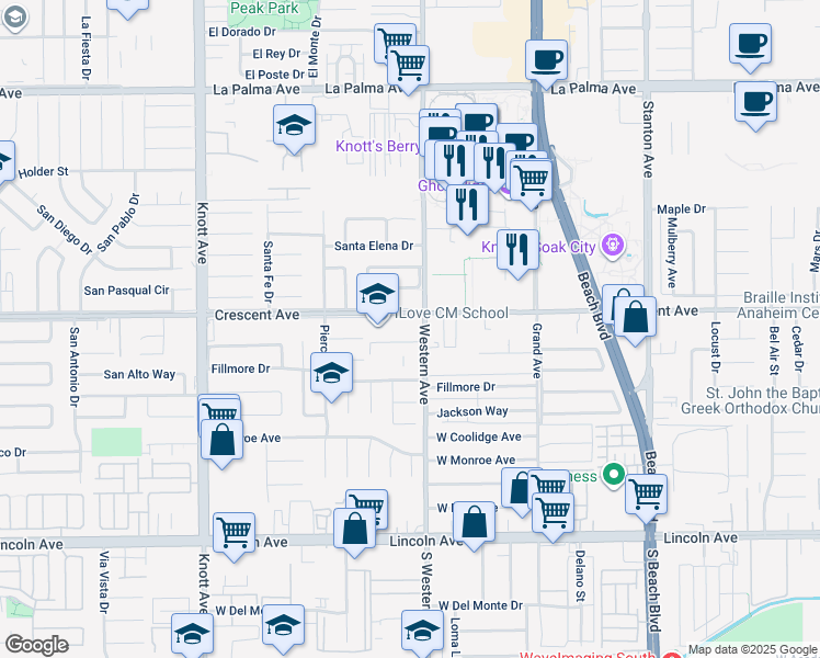 map of restaurants, bars, coffee shops, grocery stores, and more near 8586 Western Avenue in Buena Park