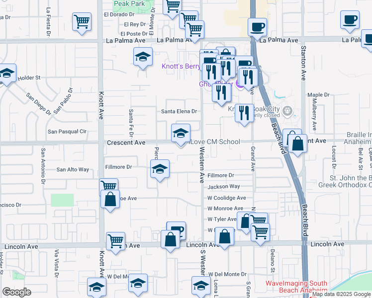 map of restaurants, bars, coffee shops, grocery stores, and more near 8586 Western Avenue in Buena Park