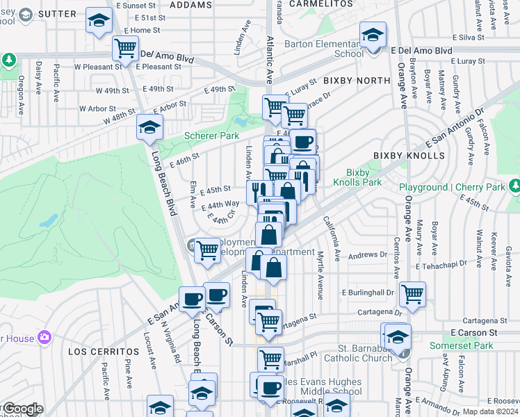 map of restaurants, bars, coffee shops, grocery stores, and more near 4462 Atlantic Avenue in Long Beach