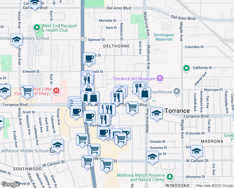 map of restaurants, bars, coffee shops, grocery stores, and more near 3537 Torrance Boulevard in Torrance