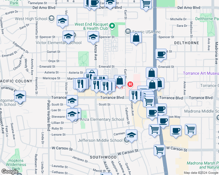 map of restaurants, bars, coffee shops, grocery stores, and more near 21104 Ladeene Avenue in Torrance