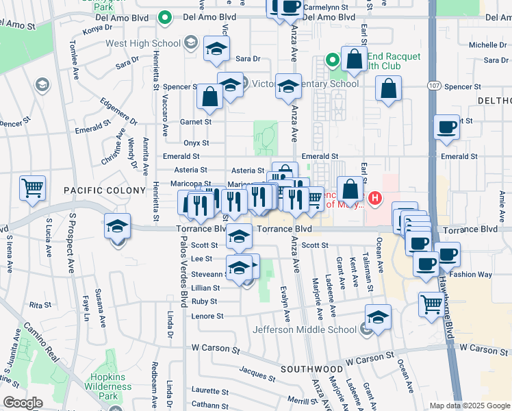 map of restaurants, bars, coffee shops, grocery stores, and more near 21104 Donora Avenue in Torrance