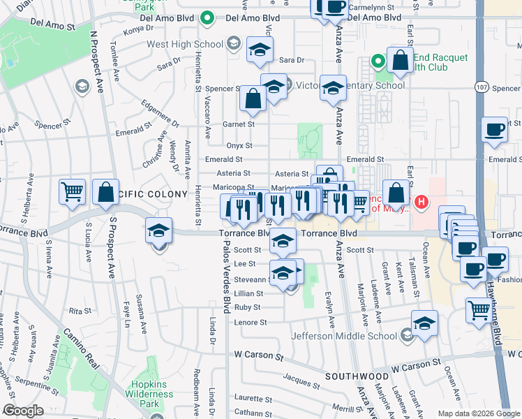 map of restaurants, bars, coffee shops, grocery stores, and more near 21025 Victor Street in Torrance