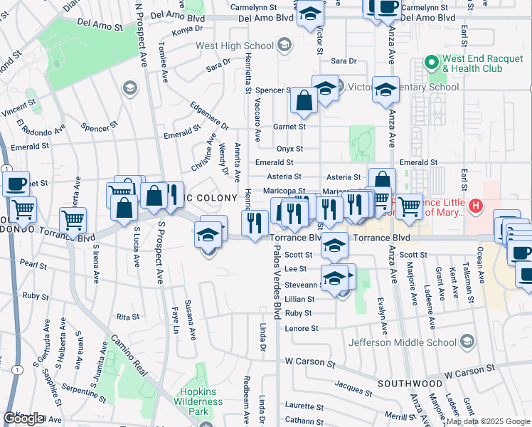 map of restaurants, bars, coffee shops, grocery stores, and more near 5215 Torrance Boulevard in Torrance