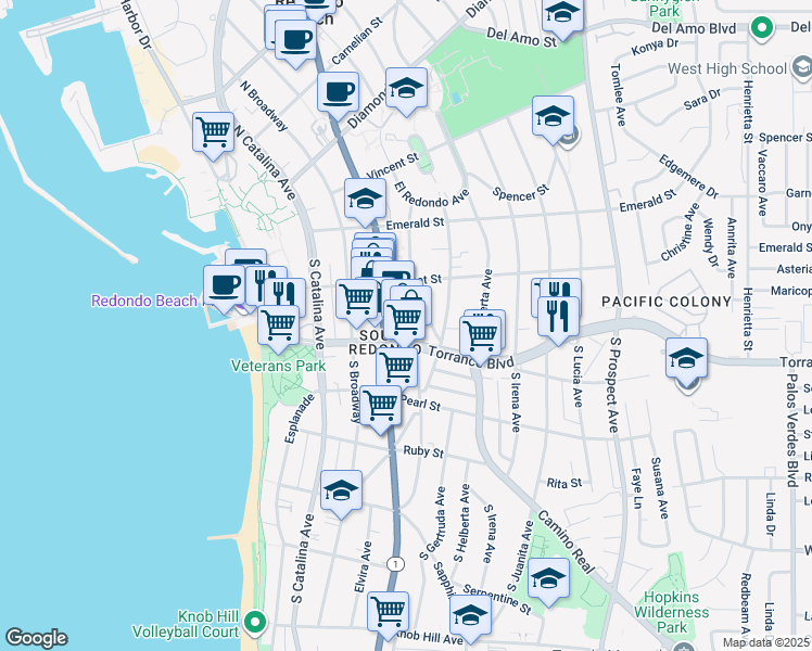 map of restaurants, bars, coffee shops, grocery stores, and more near 233 South Francisca Avenue in Redondo Beach