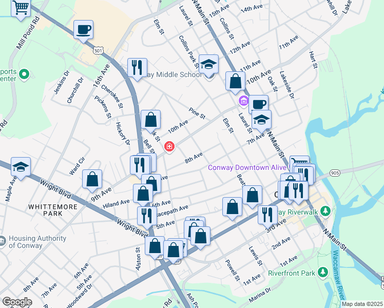 map of restaurants, bars, coffee shops, grocery stores, and more near 1404 8th Avenue in Conway