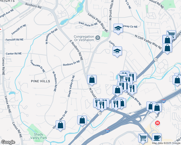 map of restaurants, bars, coffee shops, grocery stores, and more near 1814 North Druid Hills Road Northeast in Atlanta